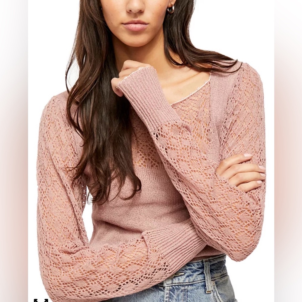 FREE PEOPLE Crystallized Mauve Pink Lace Cut Out Long Sleeve Boat Neck Top XS